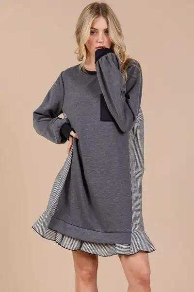 Ces Femme Striped Patchwork Round Neck Terry Sweatshirt Dress - Trendsi - Flyclothing LLC