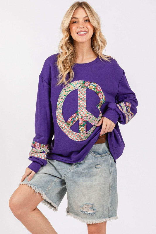 SAGE+FIG Peace Applique Patch Long Sleeve Top - Trendsi - Flyclothing LLC