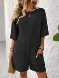 Backless Textured Round Neck Half Sleeve Romper - Trendsi