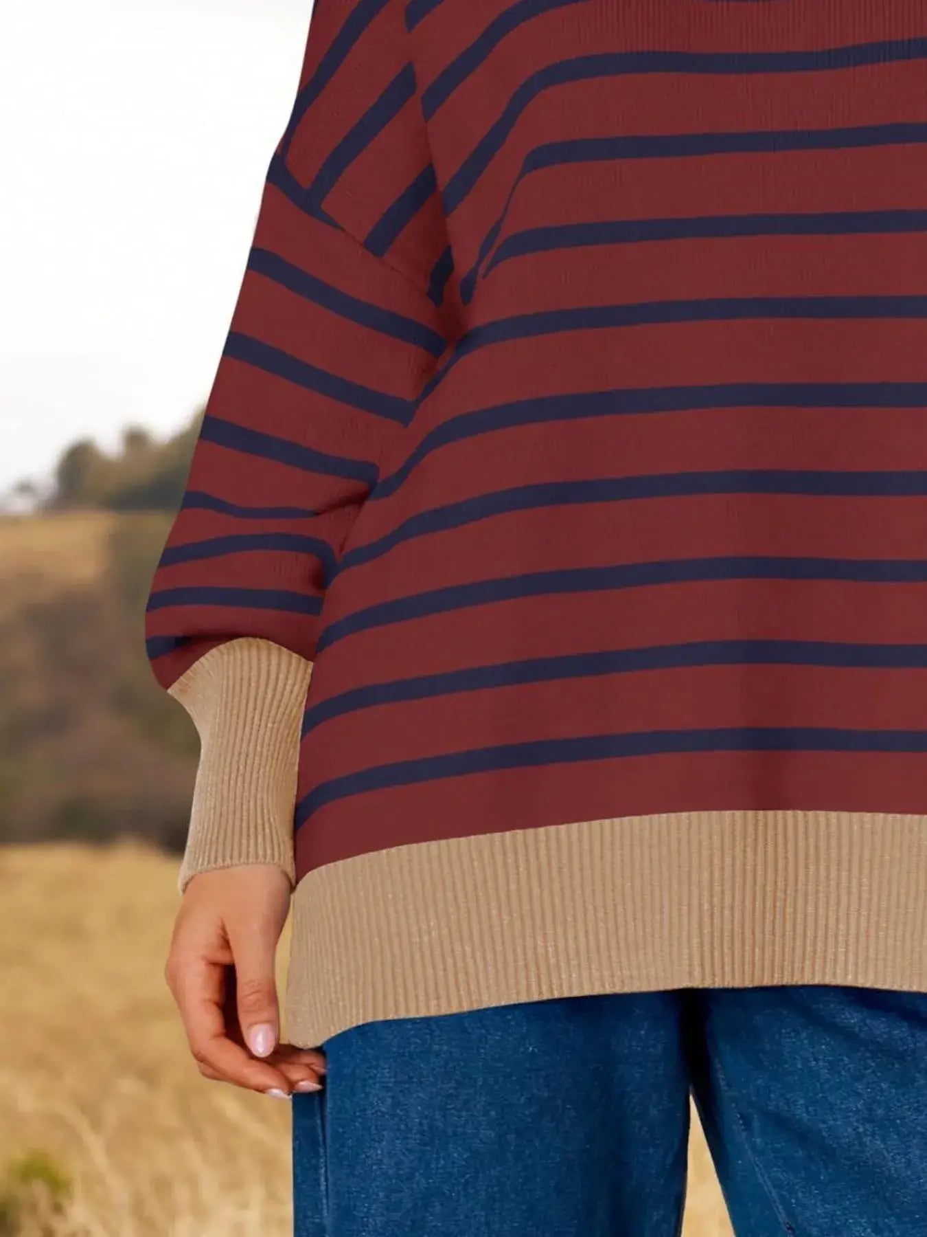 Striped Round Neck Long Sleeve Sweater - Trendsi - Flyclothing LLC