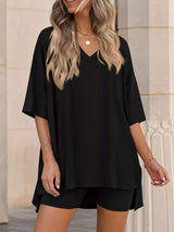 Full Size Casual Loose V-Neck T-Shirt & Shorts Set Plus Size - Trendsi - Flyclothing LLC