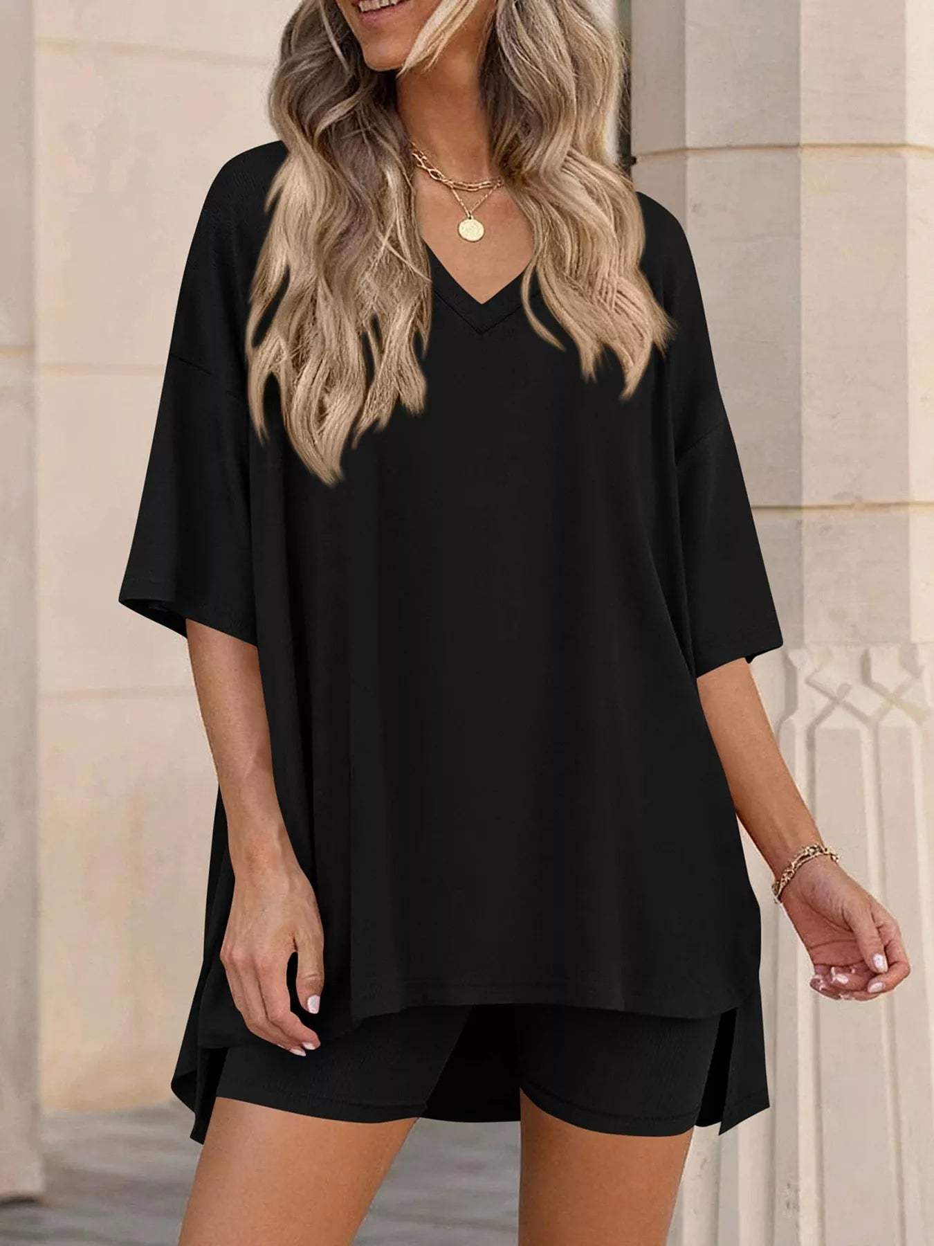 Full Size Casual Loose V-Neck T-Shirt & Shorts Set Plus Size - Trendsi - Flyclothing LLC