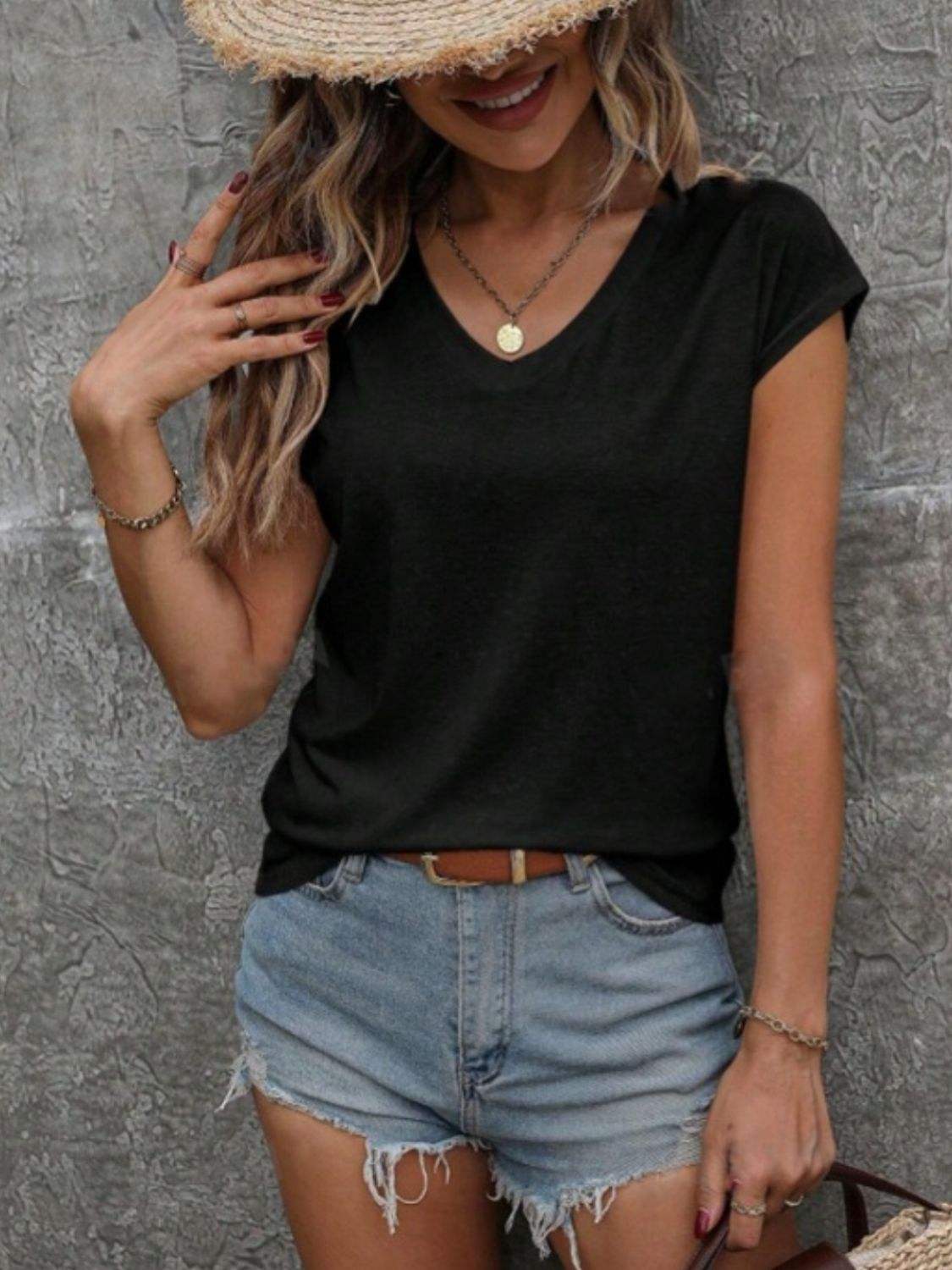 V-Neck Short Sleeve T-Shirt - Trendsi - Flyclothing LLC