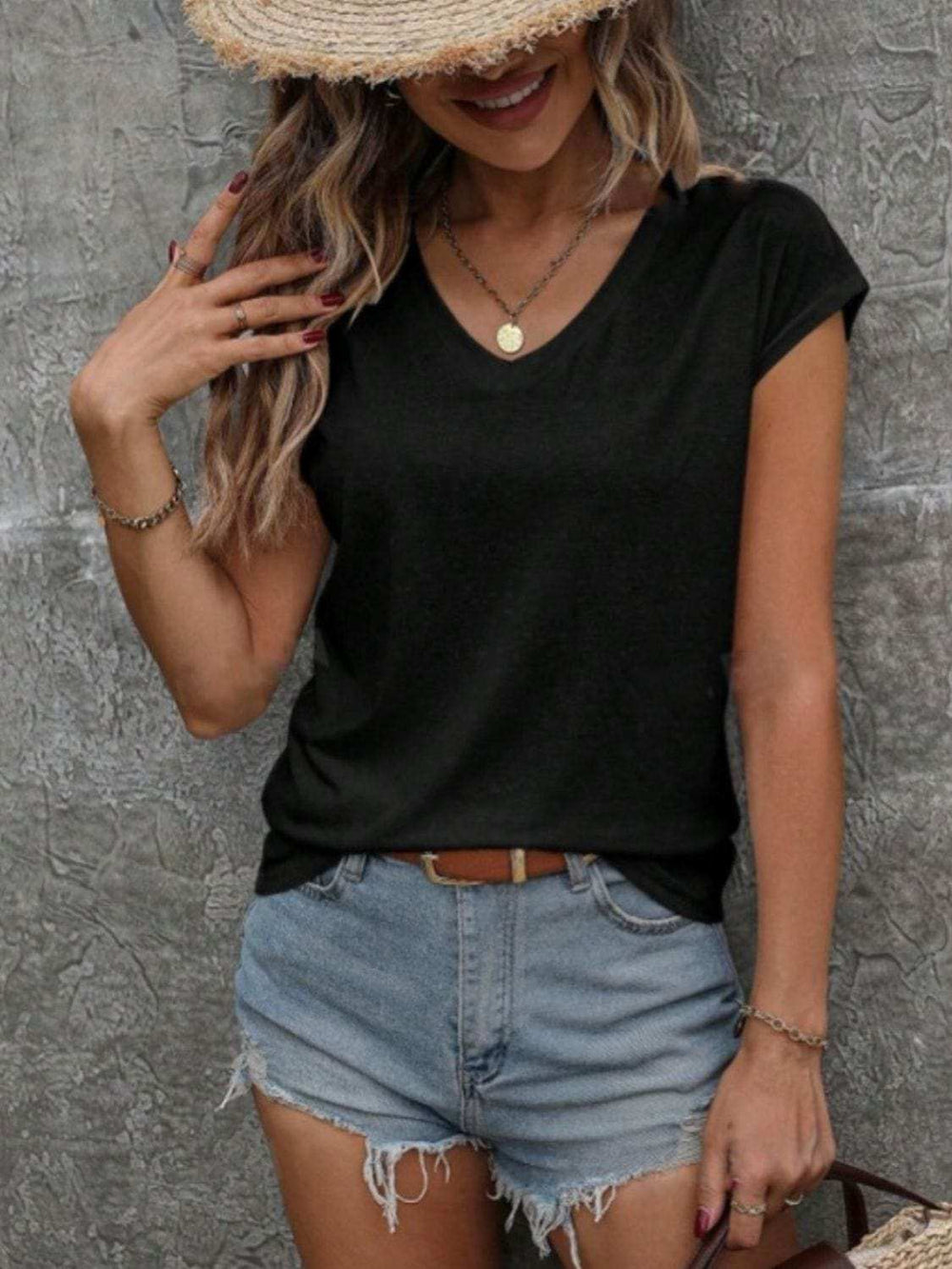 V-Neck Short Sleeve T-Shirt - Trendsi - Flyclothing LLC