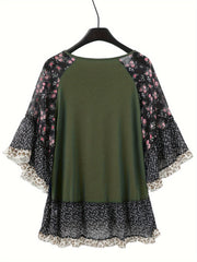 Full Size Frill Printed Round Neck Half Sleeve Blouse - Trendsi