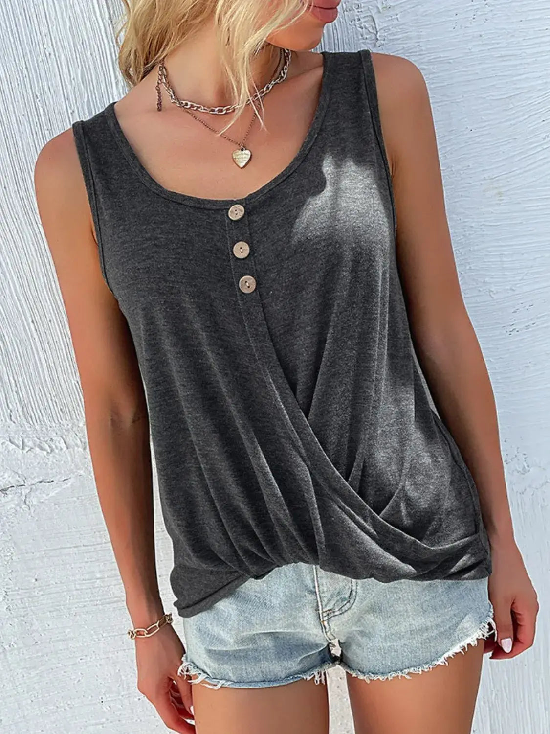 Full Size Decorative Button Round Neck Tank Plus Size - Trendsi - Flyclothing LLC