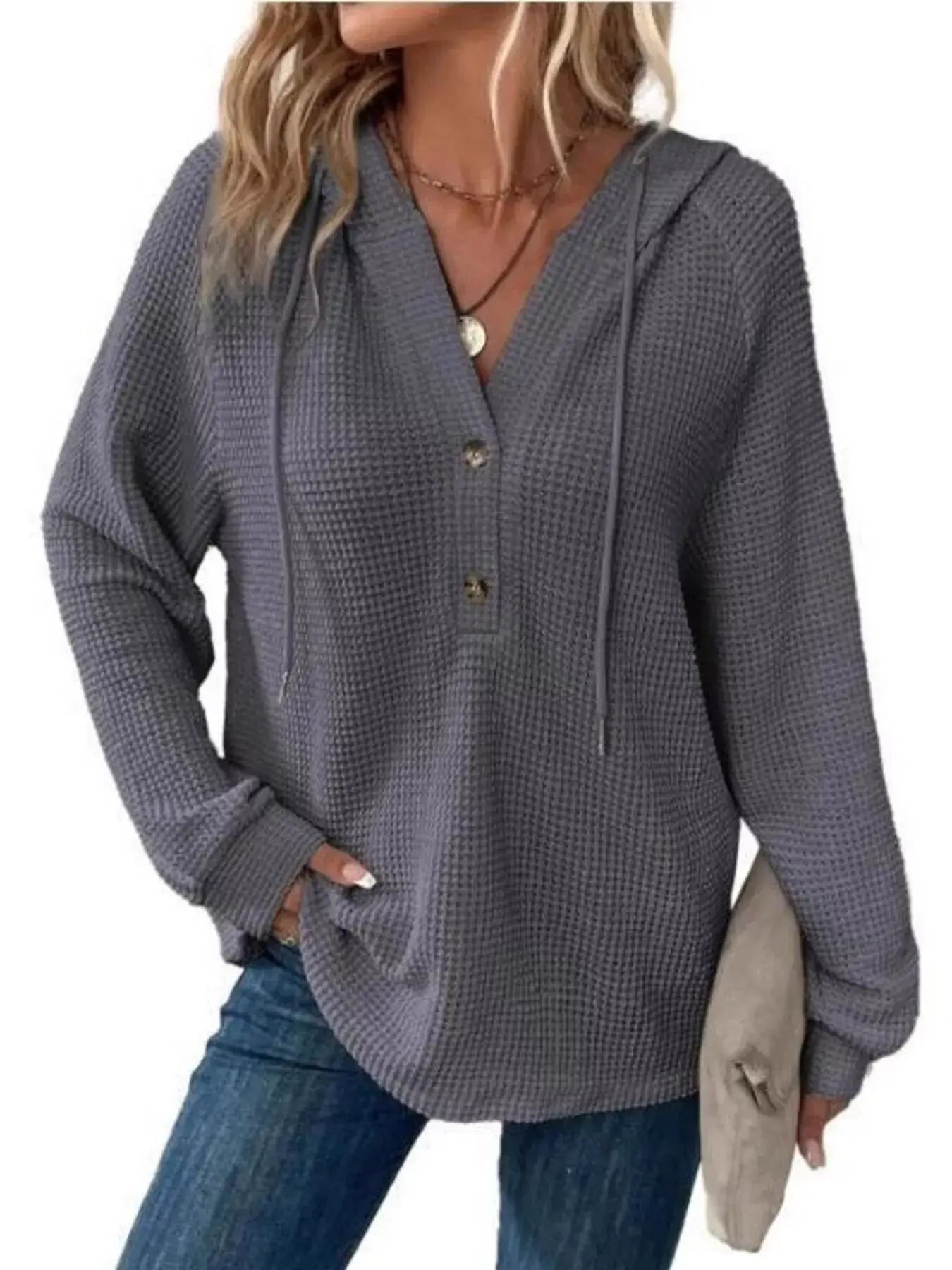 Full Size Button Detail Waffle Knit Hoodie Plus Size - Trendsi - Flyclothing LLC