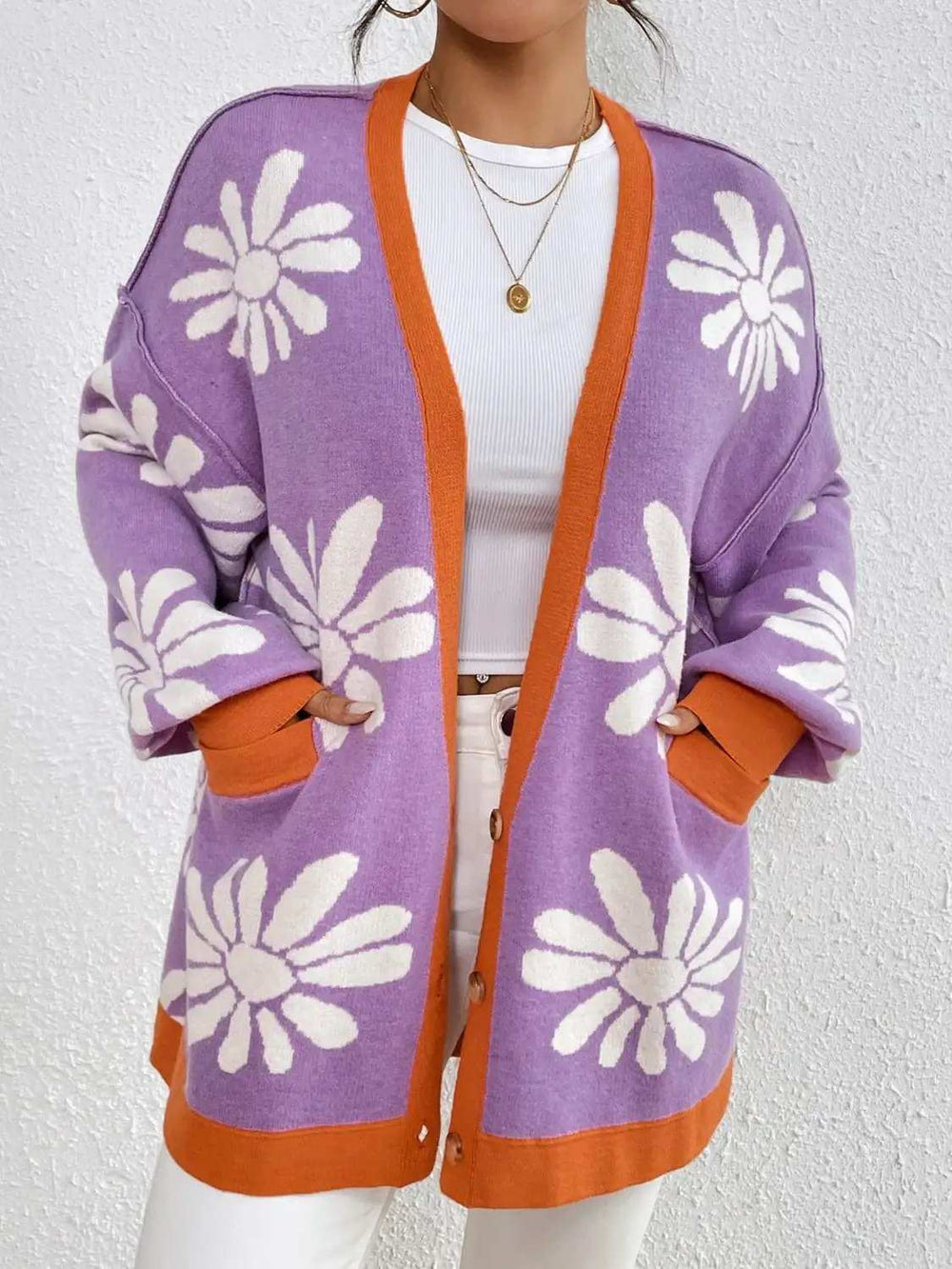 Contrast Dropped Shoulder Long Sleeve Cardigan - Trendsi - Flyclothing LLC