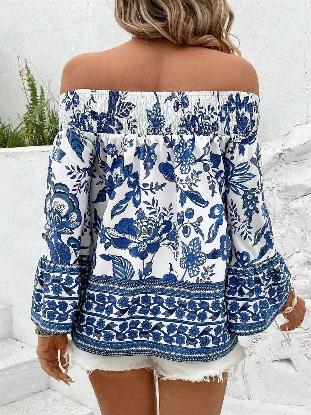 Smocked Printed Off-Shoulder Blouse - Trendsi - Flyclothing LLC