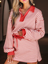 Stripe Collared V Neck Drop Shoulder Pullover and Skort 2pcs Outfit - Trendsi - Flyclothing LLC