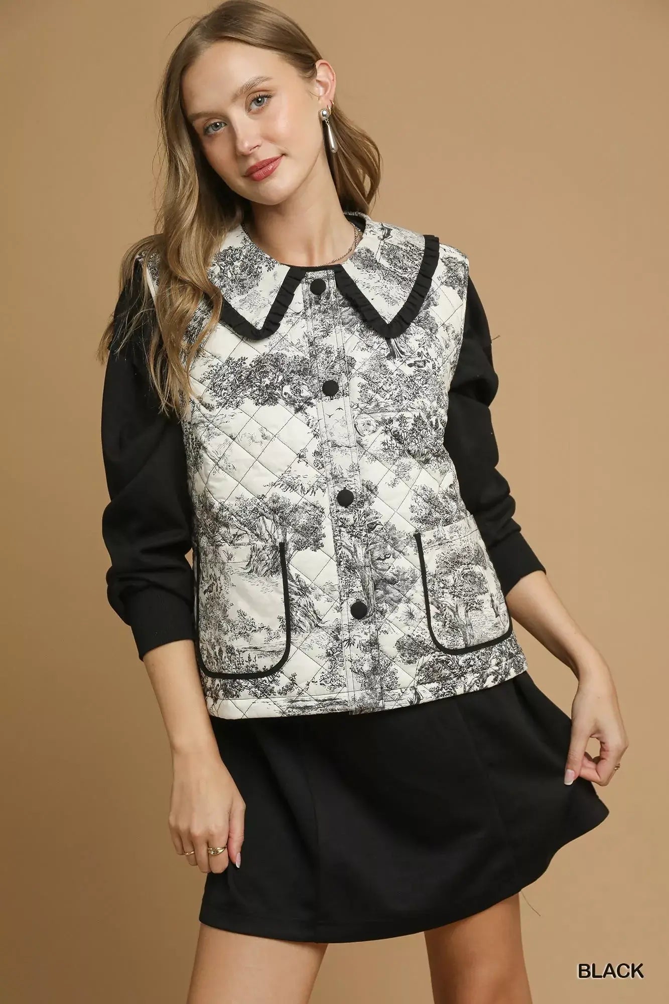 Umgee Toile Quilted Vest with Ruffle Collar - Trendsi - Flyclothing LLC