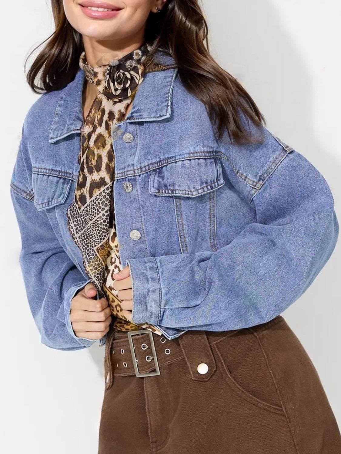 Collared Neck Dropped Shoulder Cropped Denim Top - Trendsi - Flyclothing LLC