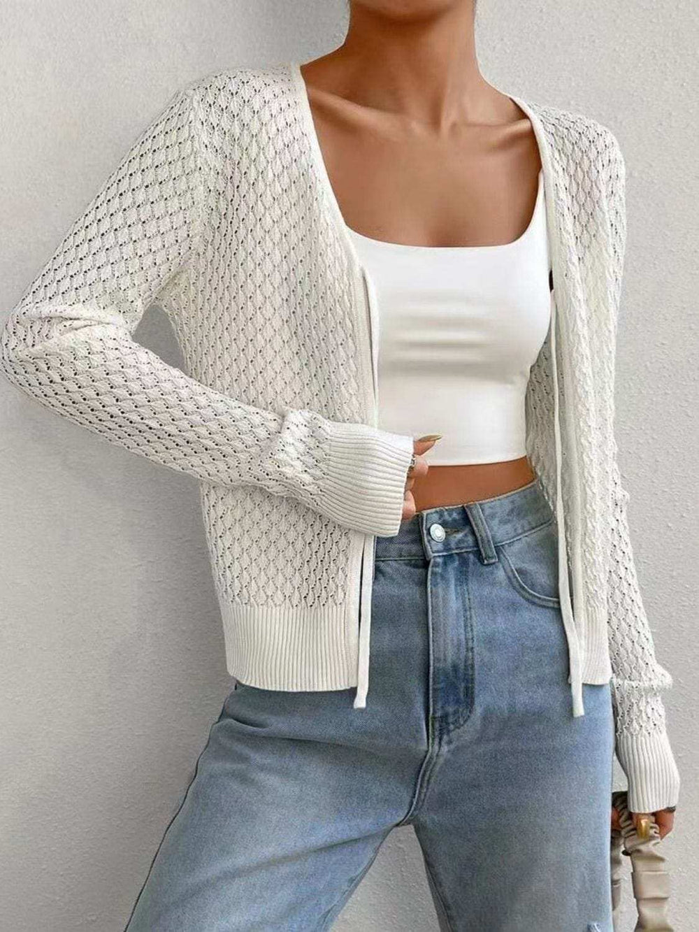 Tied Openwork V-Neck Long Sleeve Cardigan - Trendsi - Flyclothing LLC
