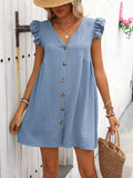 Button Up V-Neck Cap Sleeve Mini Dress - Trendsi - Flyclothing LLC