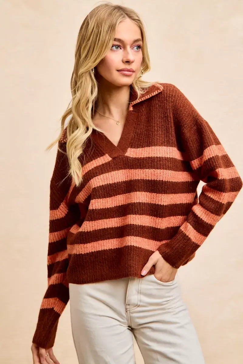 BiBi Striped Sweater Top with Collar Stitched Details - Trendsi - Flyclothing LLC