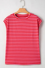 Stripe Ribbed Cap Sleeve Round Neck T Shirt - Trendsi - Flyclothing LLC
