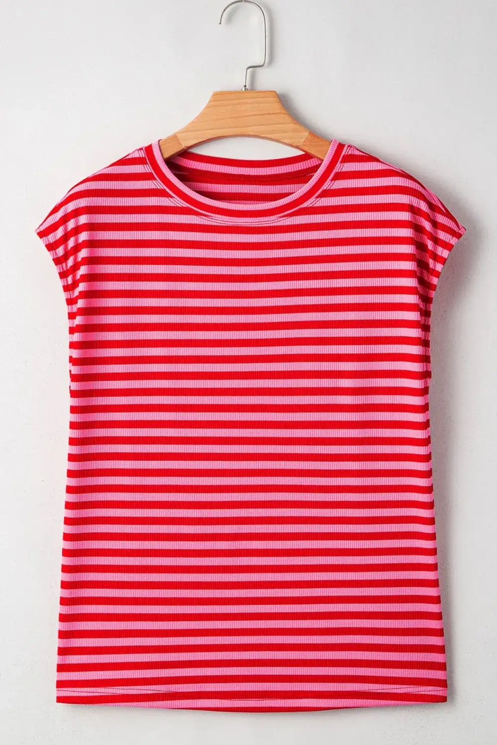 Stripe Ribbed Cap Sleeve Round Neck T Shirt - Trendsi - Flyclothing LLC