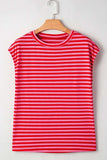 Stripe Ribbed Cap Sleeve Round Neck T Shirt - Trendsi - Flyclothing LLC