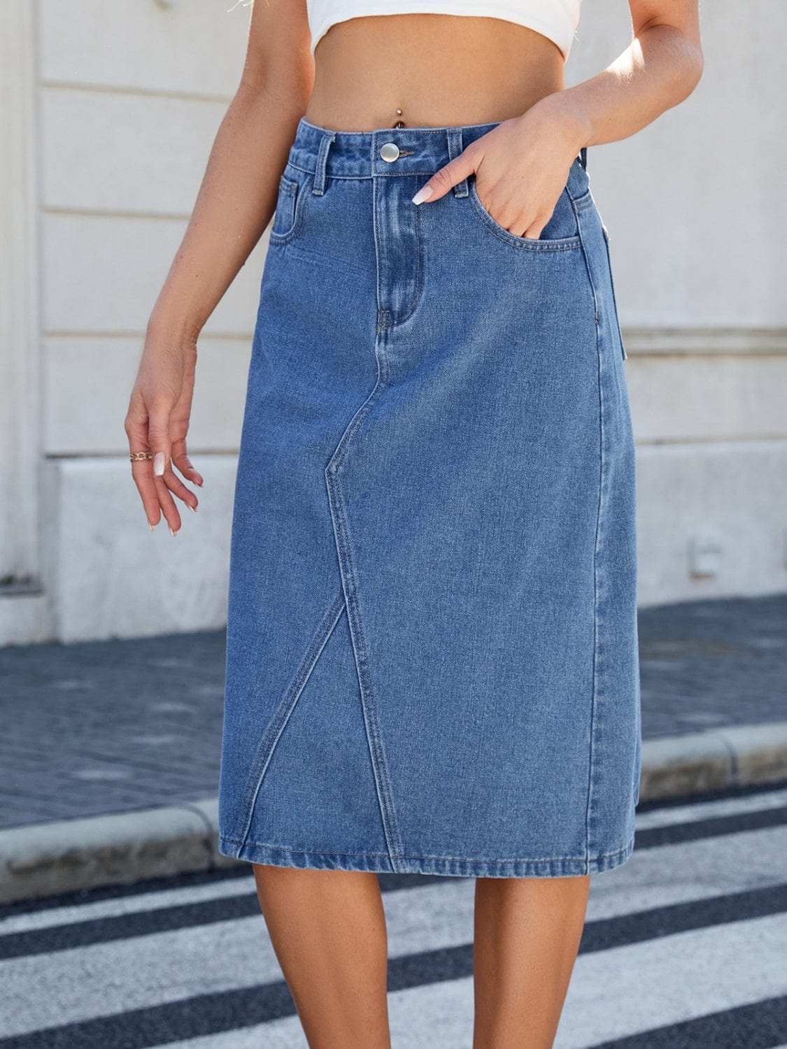 Slit Back Midi Denim Skirt - Trendsi - Flyclothing LLC