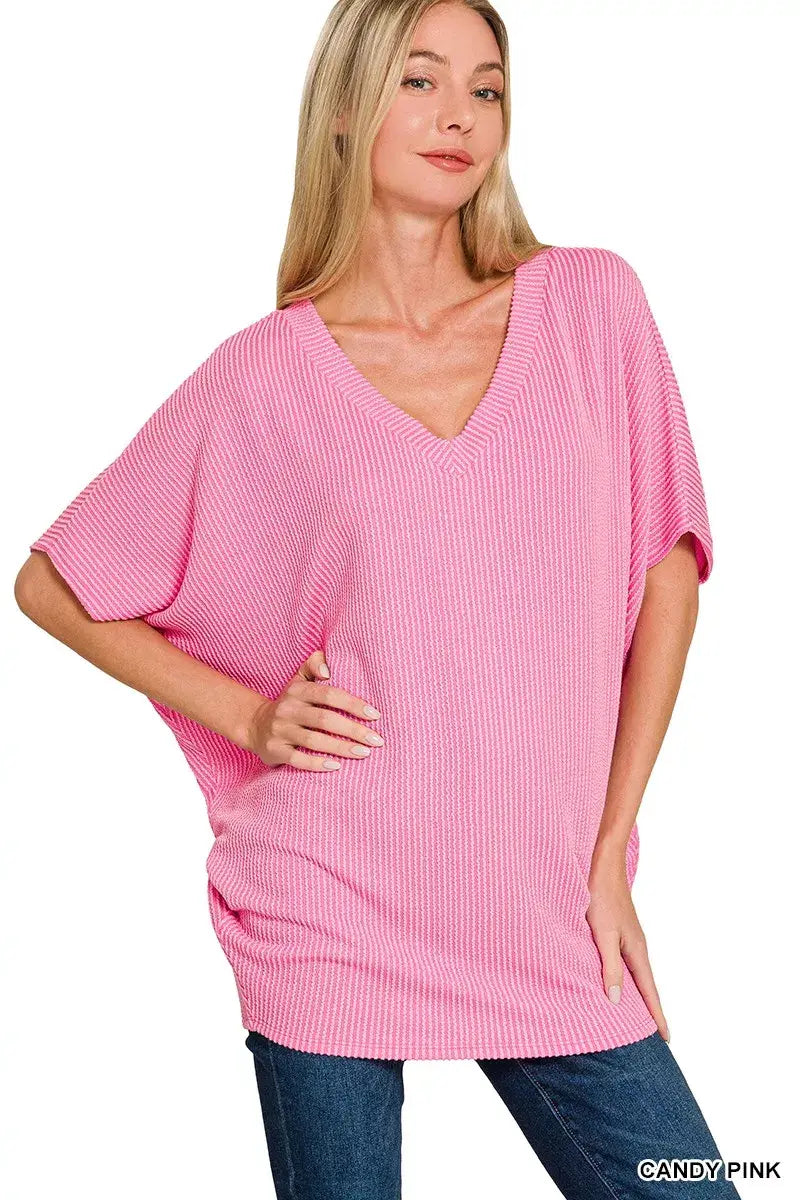 Zenana Raised Rib V-Neck Batwing Top - Trendsi - Flyclothing LLC