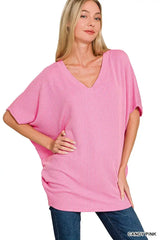 Zenana Raised Rib V-Neck Batwing Top - Trendsi - Flyclothing LLC