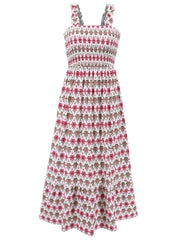 Smocked Printed Square Neck Sleeveless Dress Trendsi