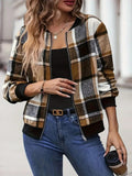 Plus Size Plaid Baseball Collar Zip Up Jacket - Trendsi
