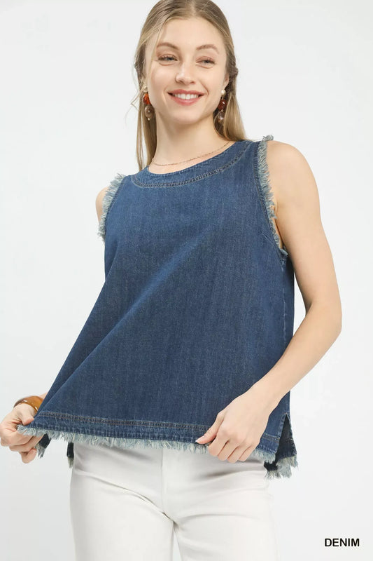 Umgee Sleeveless Fringe Hem Denim Top - Trendsi - Flyclothing LLC