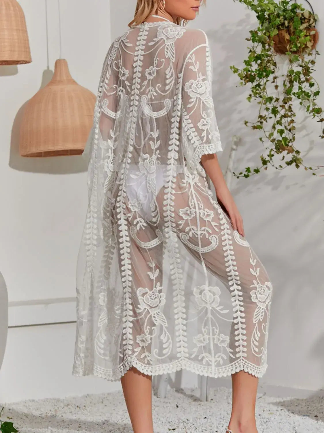 Lace Detail Open Front Longline Cover-Up - Trendsi - Flyclothing LLC