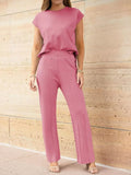 Casual Solid Color Cap Sleeve Top and Pants Knit Set - Trendsi - Flyclothing LLC