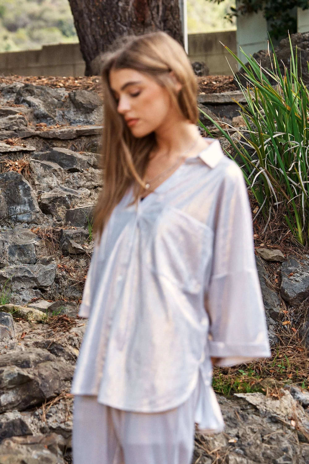 Davi & Dani Solid Sparkling Shimmer Pocket Button Front Shirt - Trendsi - Flyclothing LLC