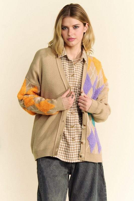 Davi & Dani Argyle V-Neck Dropped Shoulder Cardigan - Trendsi - Flyclothing LLC
