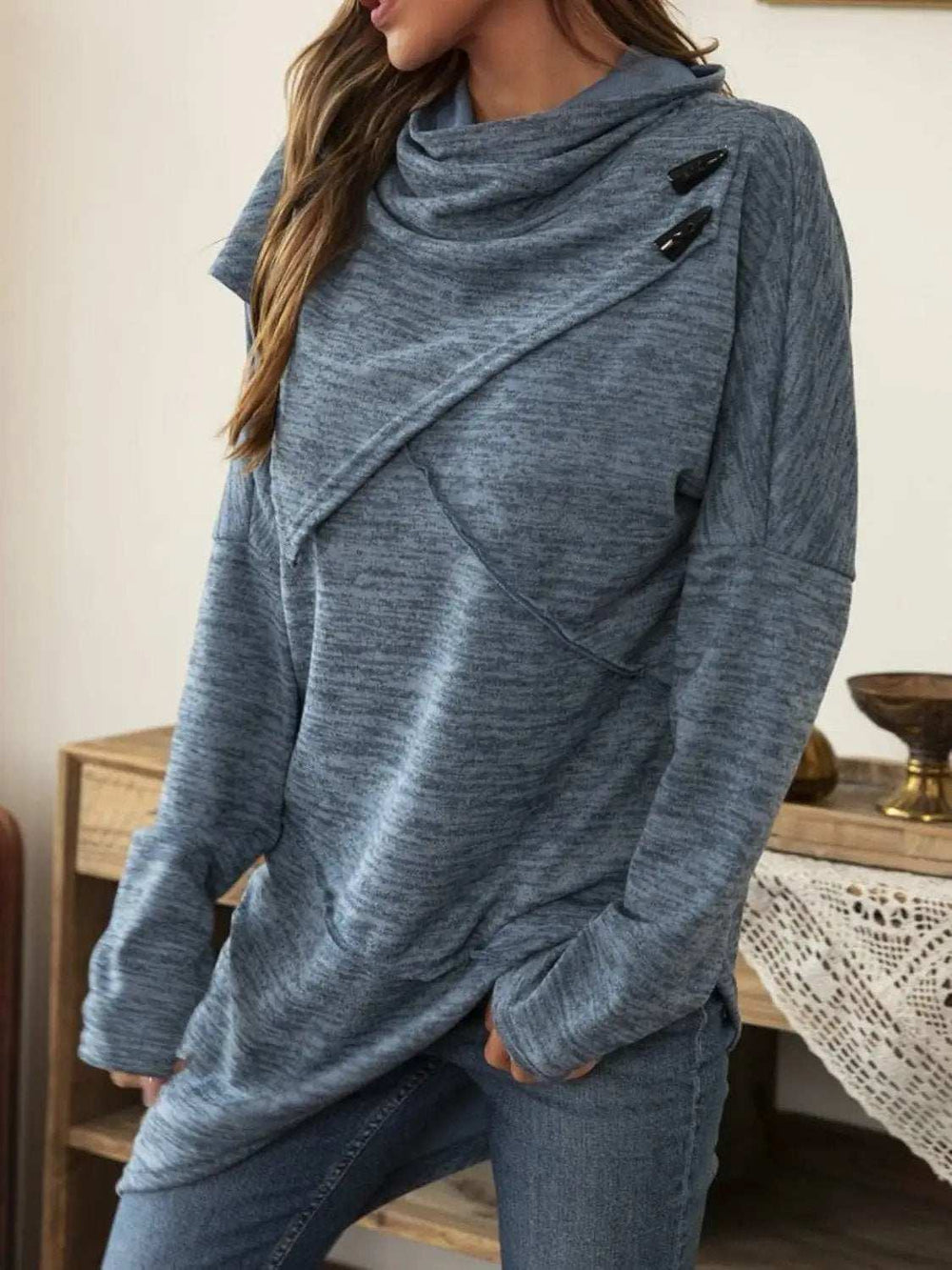 Asymmetrical Hem Cowl Neck Long Sleeve T-Shirt - Trendsi - Flyclothing LLC