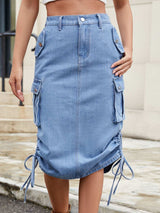 Drawstring Denim Skirt with Cargo Pockets - Trendsi - Flyclothing LLC