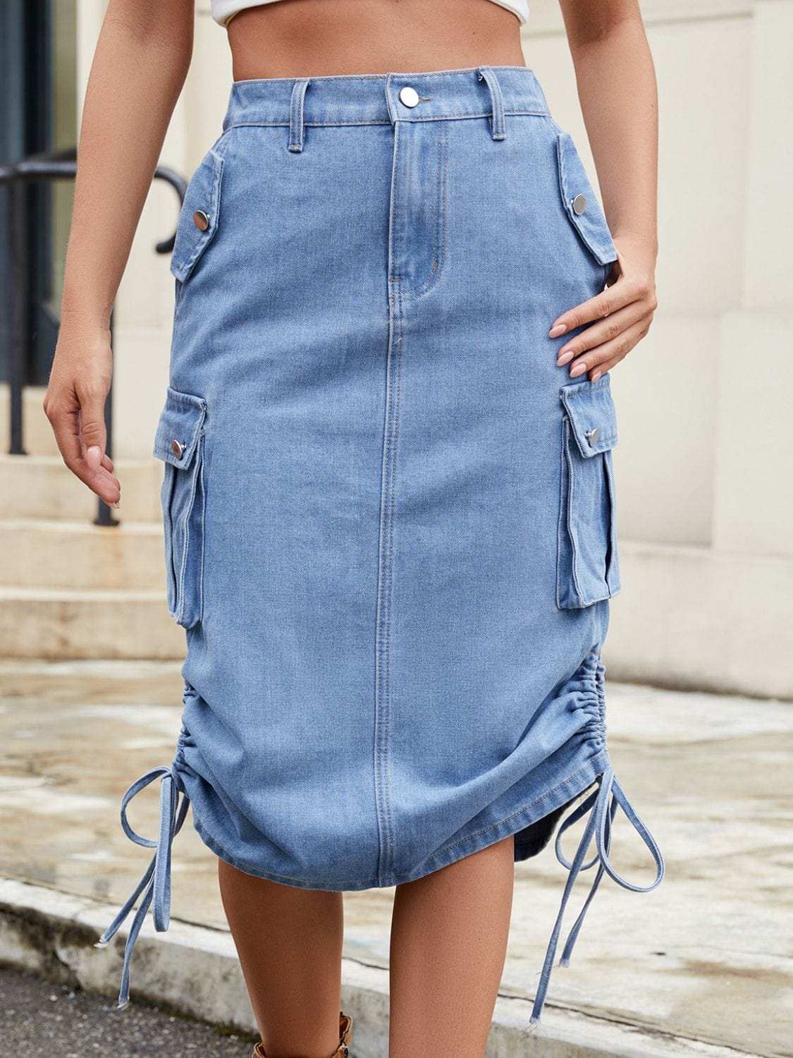 Drawstring Denim Skirt with Cargo Pockets - Trendsi - Flyclothing LLC