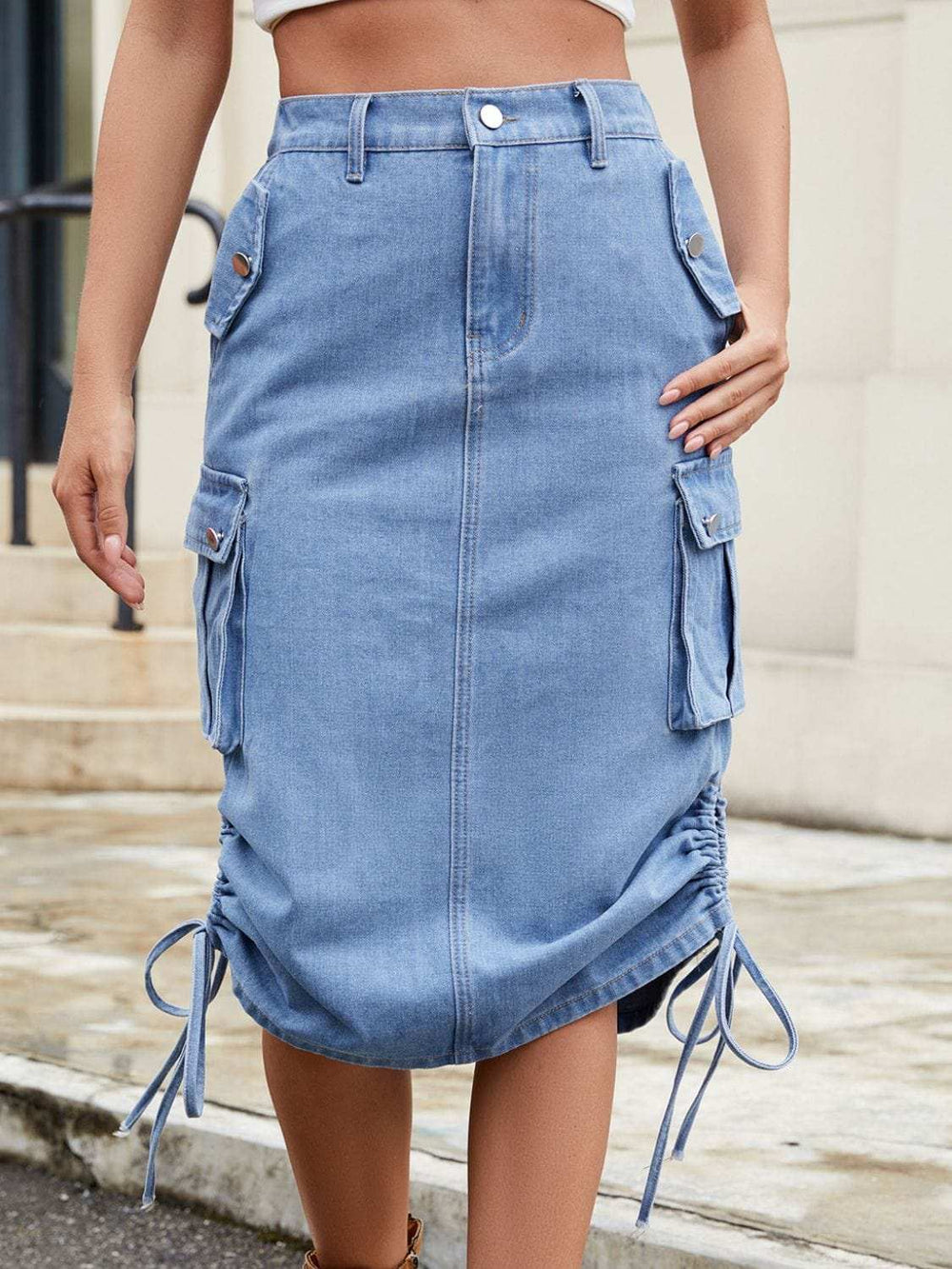 Drawstring Denim Skirt with Cargo Pockets - Trendsi - Flyclothing LLC