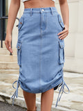 Drawstring Denim Skirt with Cargo Pockets - Trendsi