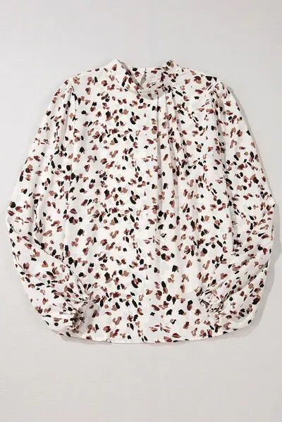 Printed Mock Neck Balloon Sleeve Blouse - Trendsi - Flyclothing LLC