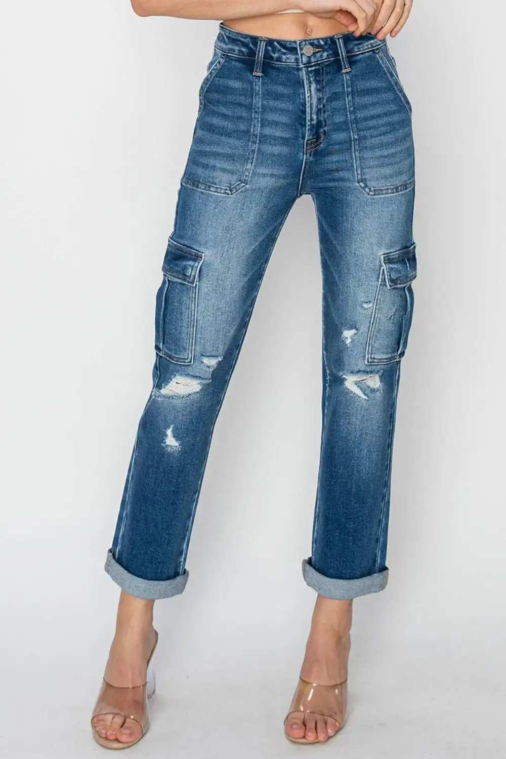 RISEN Full Size High Rise Cargo Ankle Roll Up Straight Jeans - Trendsi - Flyclothing LLC
