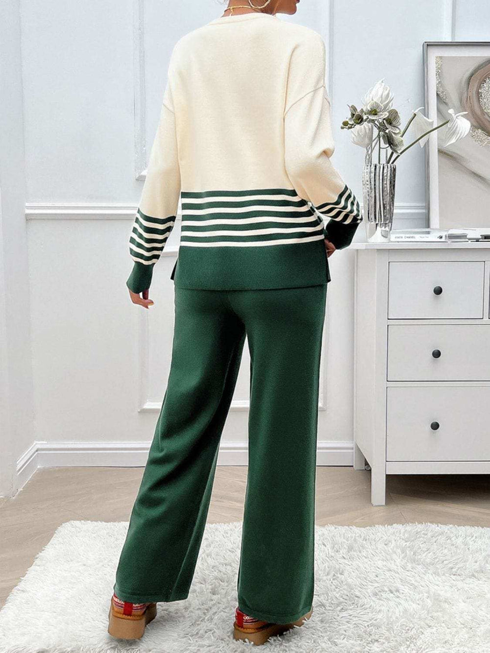 Devine Slit Striped Round Neck Top and Pants Sweater Set - Trendsi - Flyclothing LLC