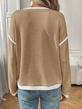Ribbed Knit Contrast Trim Sweater - Trendsi - Flyclothing LLC