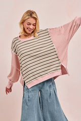 BiBi Stripe Mixed Top With Cut Edge And Reverse Outseam - Trendsi - Flyclothing LLC