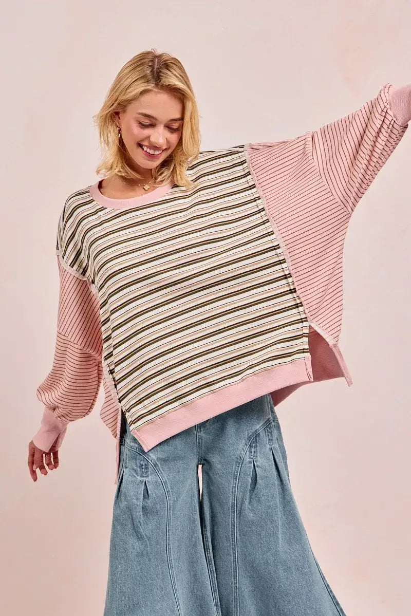 BiBi Stripe Mixed Top With Cut Edge And Reverse Outseam - Trendsi - Flyclothing LLC