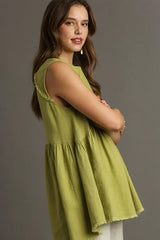 Umgee Full Size Raw Hem Linen Round Neck Sleeveless Top Plus Size - Trendsi - Flyclothing LLC