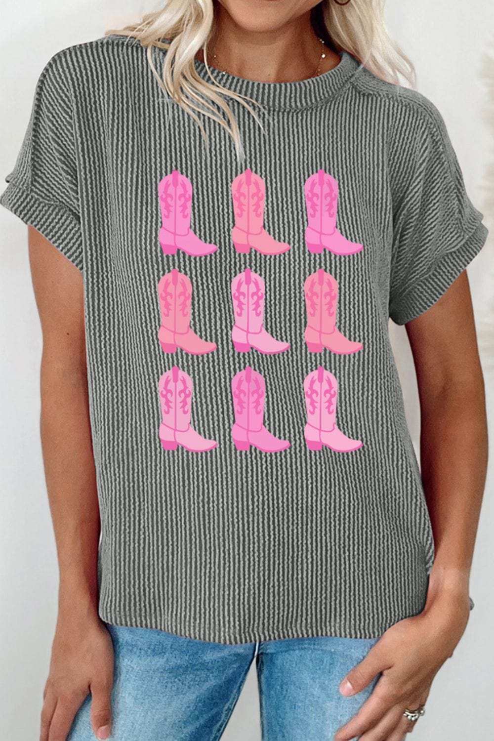 Boots Graphic Striped Round Neck Short Sleeve T-Shirt - Trendsi - Flyclothing LLC