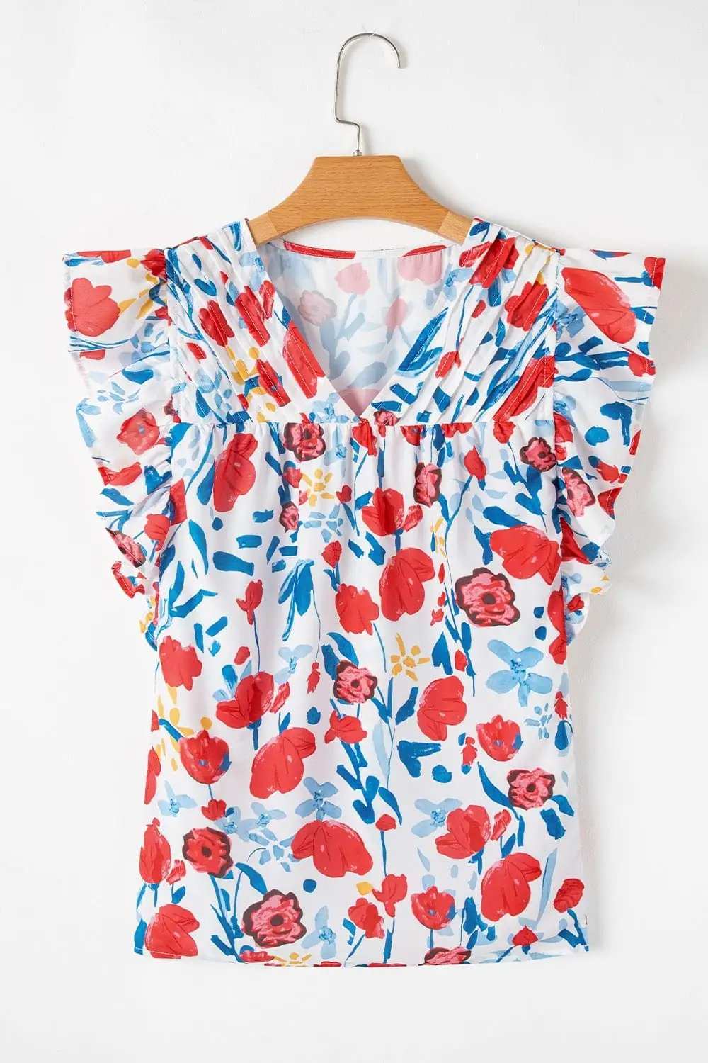 Ruffled Printed V-Neck Cap Sleeve Blouse - Trendsi - Flyclothing LLC