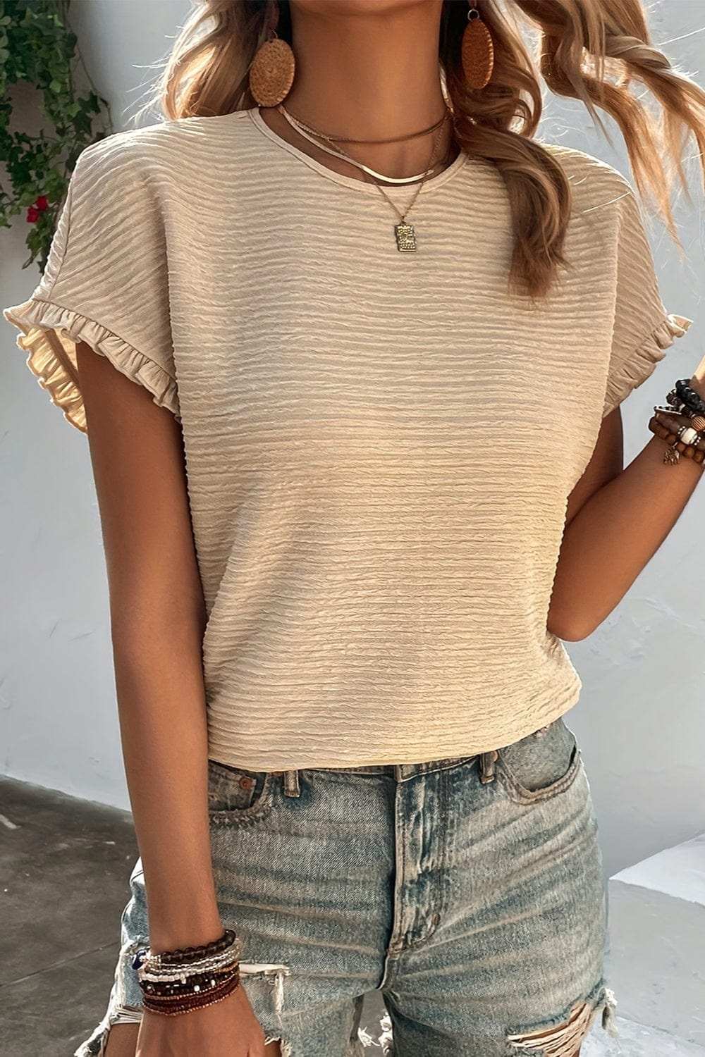 Frill Round Neck Short Sleeve Blouse - Trendsi - Flyclothing LLC