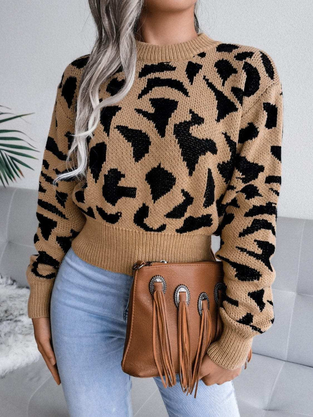 Leopard Round Neck Dropped Shoulder Sweater - Trendsi - Flyclothing LLC