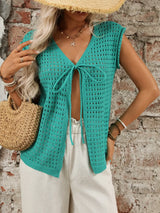 Tied Front Openwork V-Neck Knit Top - Trendsi - Flyclothing LLC