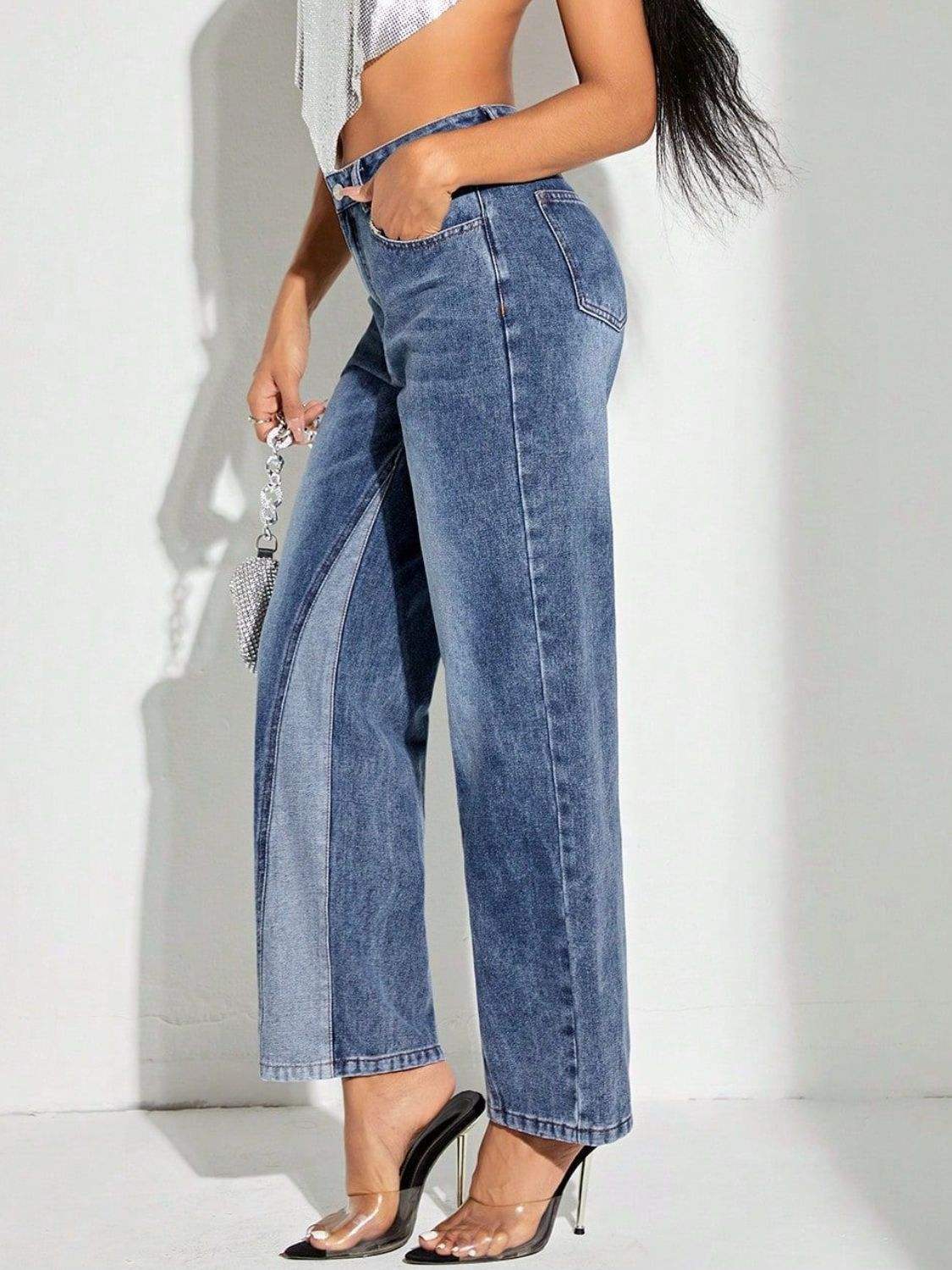 Contrast Patchwork Straight Jeans with Pockets - Trendsi - Flyclothing LLC